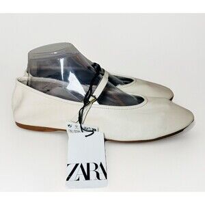 ZARA Off White Buckle Leather Mary Jane Ballet Flats Shoes Women US 10 EU 41 NEW